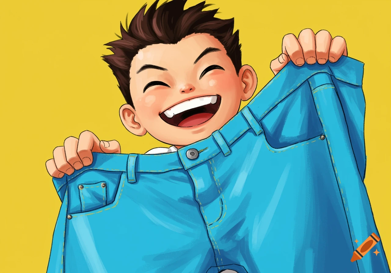 Cartoon illustration of a smiling boy holding up oversized blue jeans