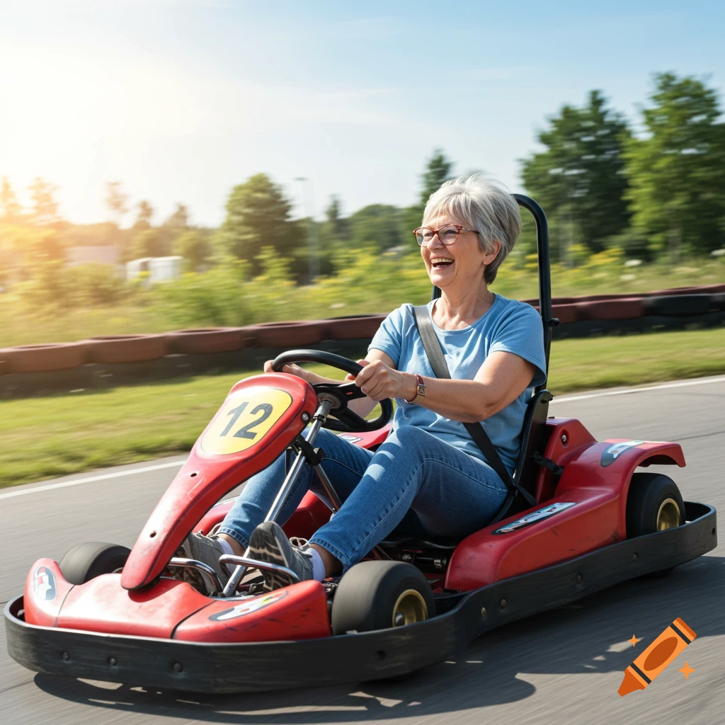 Elderly woman driving a go-kart on a track, smiling