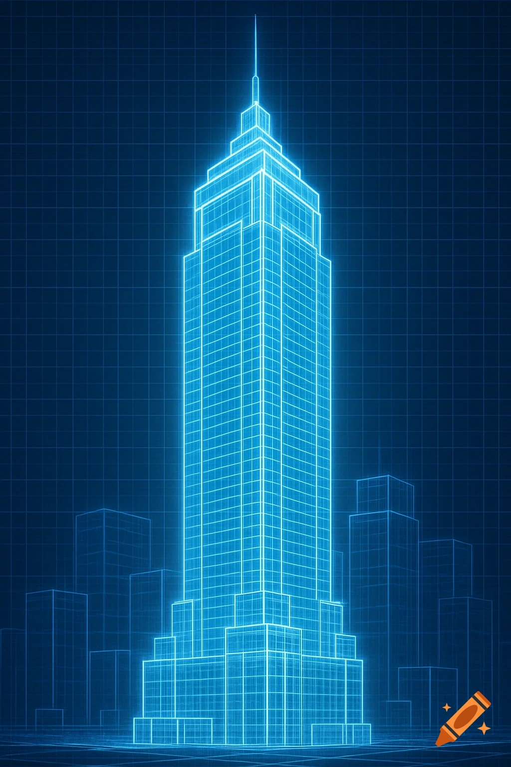 A glowing blue wireframe blueprint of a skyscraper on a dark grid background.