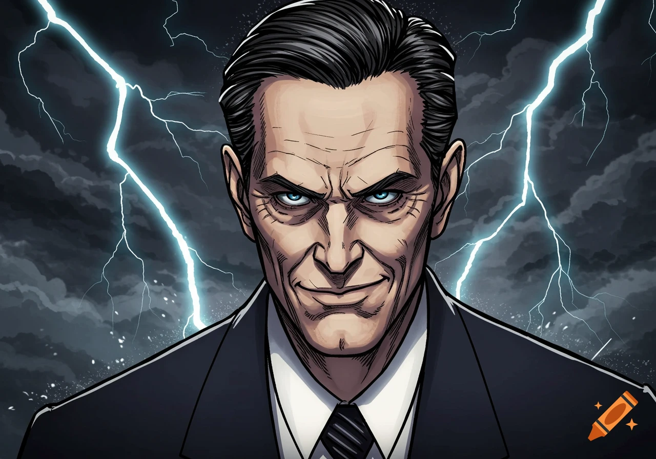 A man in a suit with a villainous expression stands against a stormy background with lightning, in a stylized comic book art style.