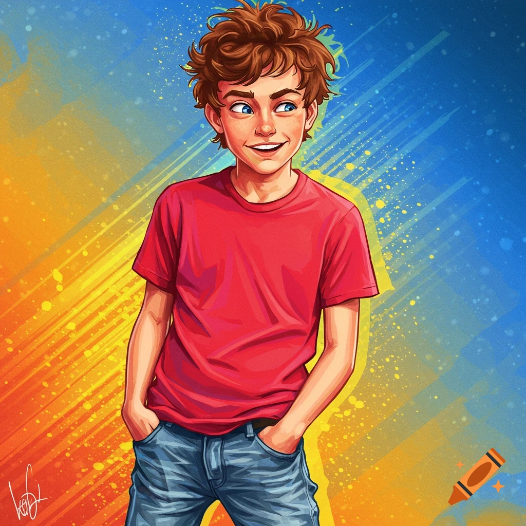 Illustration of a smiling young boy with messy hair and blue eyes, wearing a red t-shirt and jeans, standing against a colorful background.