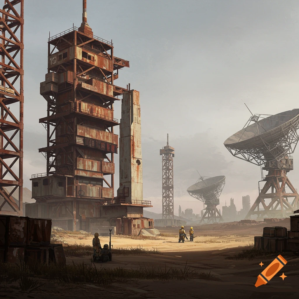 Large rusty industrial structures and satellite dishes in a desolate, post-apocalyptic landscape with figures.