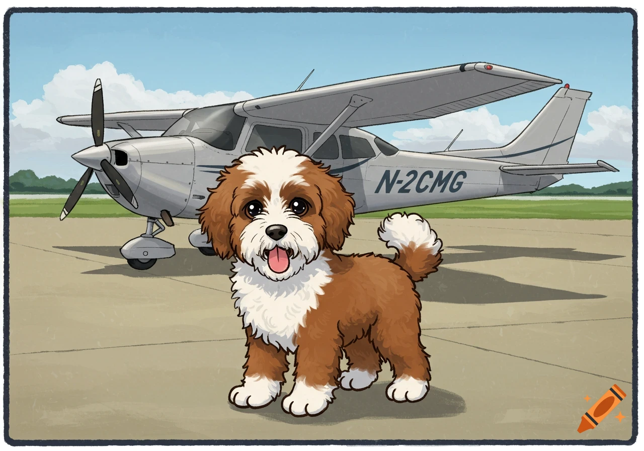 Cartoon bernedoodle dog standing in front of a small airplane on an airfield.