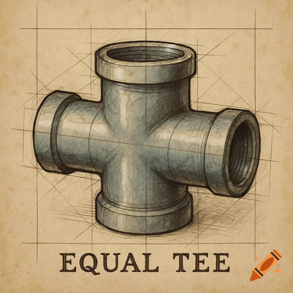 Sketch of an equal tee pipe fitting on gridded paper with the text EQUAL TEE below.