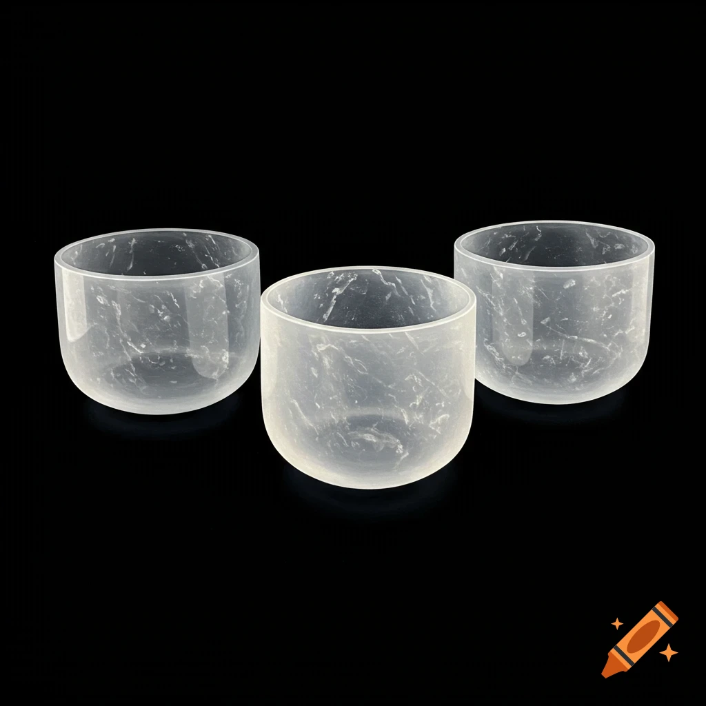 Three translucent crystal bowls with a marbled pattern on a black background.