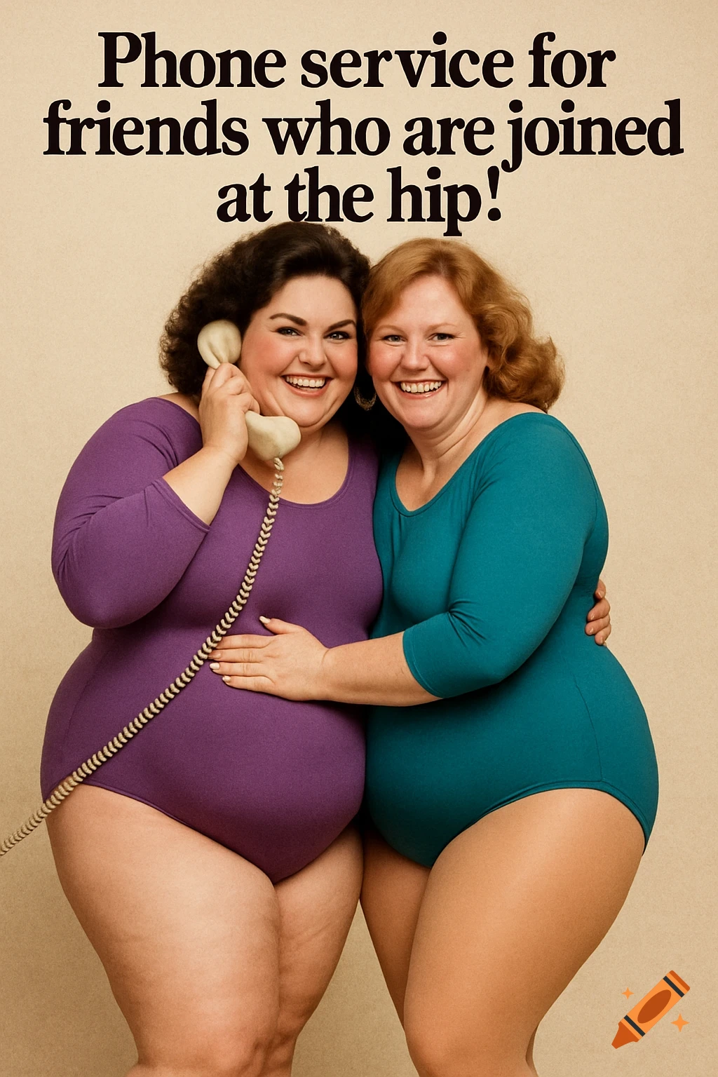 Two smiling women in 1980s leotards talking on a phone, with text 'Phone service for friends who are joined at the hip!'.