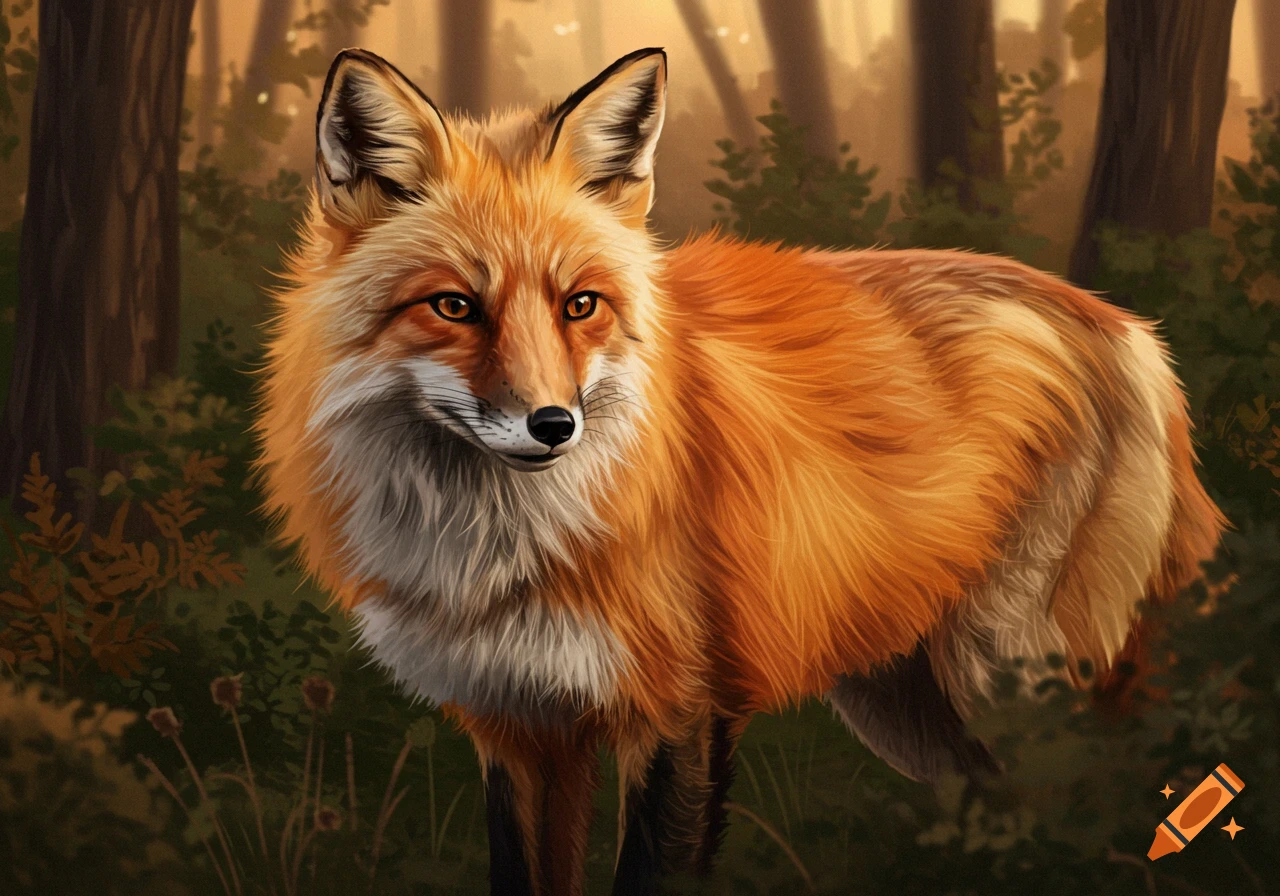 Illustration of a red fox standing in a forest.