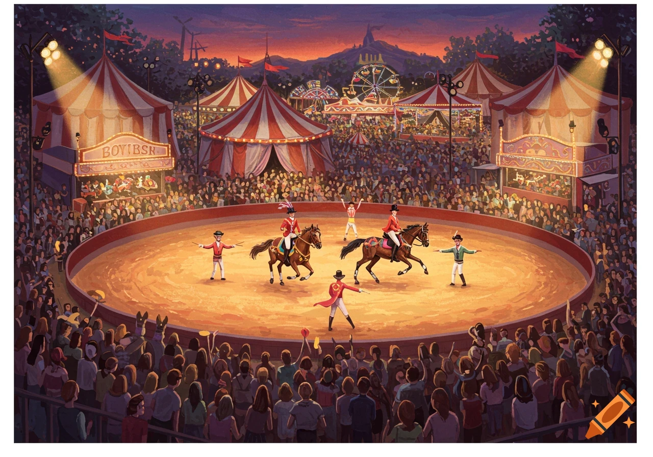 A detailed illustration of a circus tent at dusk, with performers on horses in a ring, surrounded by an audience and carnival attractions.