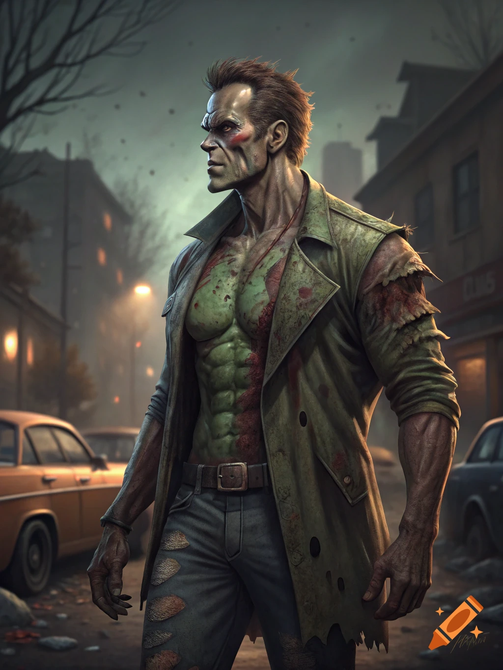 A muscular zombie wearing a torn coat stands in a ruined city street at dusk.