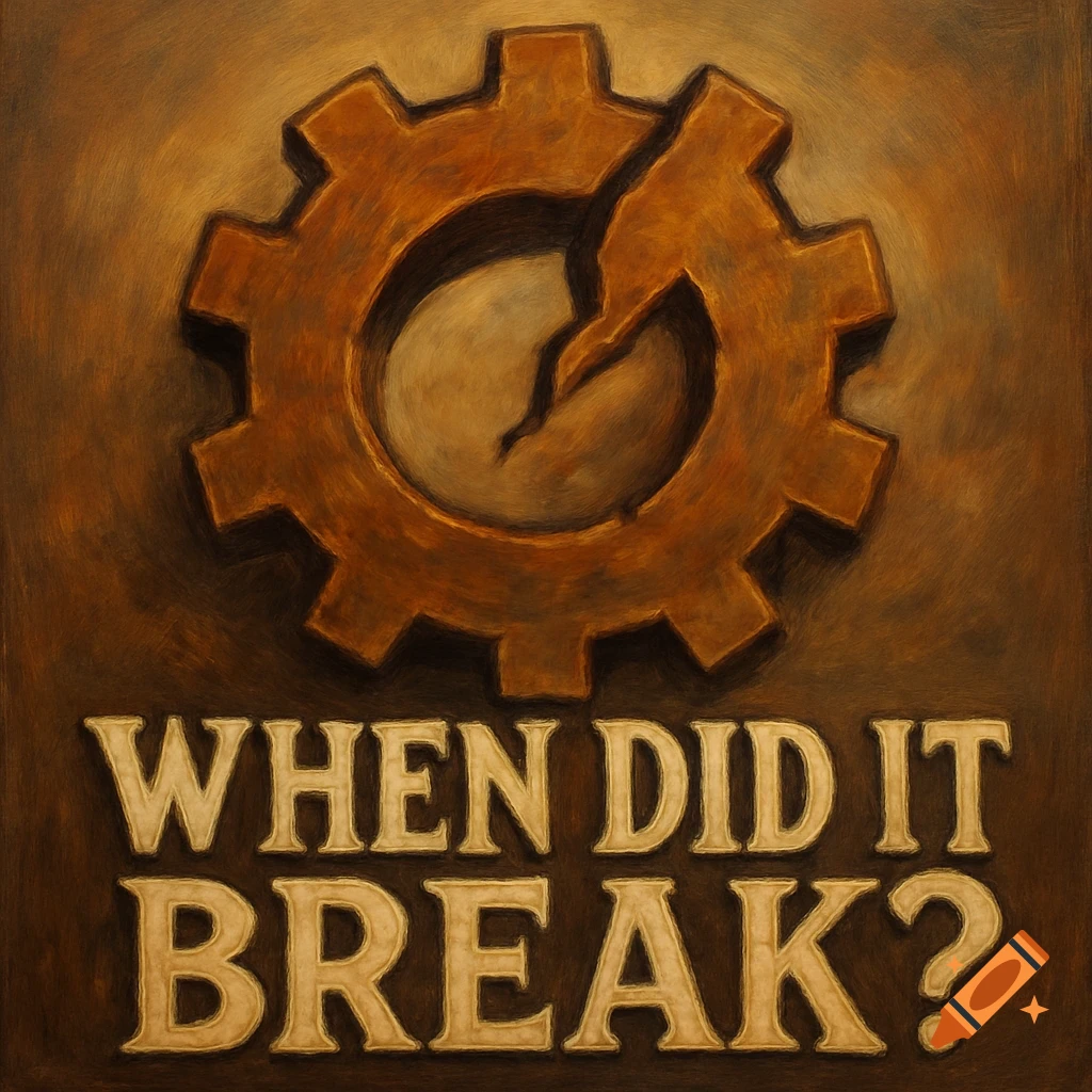 Painted image of a broken gear above the text 'WHEN DID IT BREAK?'.
