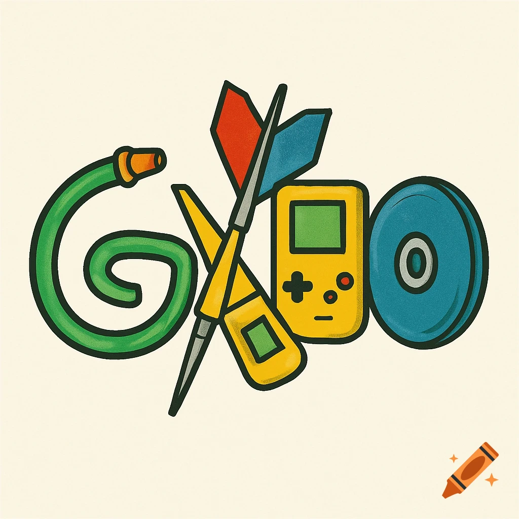 Logo made from 90s objects resembling letters GX50: garden hose, darts, Game Boy, CD.