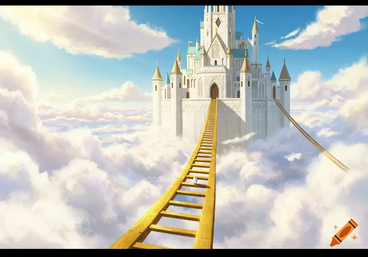 A fantasy castle floating in the clouds with a giant golden ladder leading up to it.