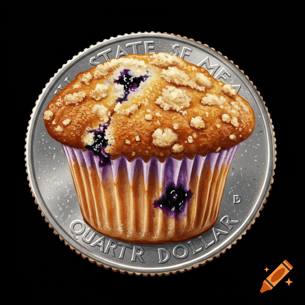 A blueberry muffin depicted on a silver quarter coin.