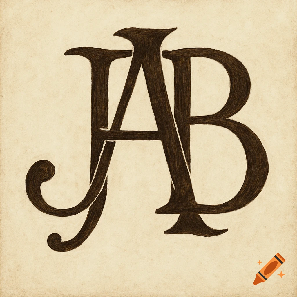 An interlocking monogram of the letters J, A, and B, rendered in a dark brown texture on aged paper.