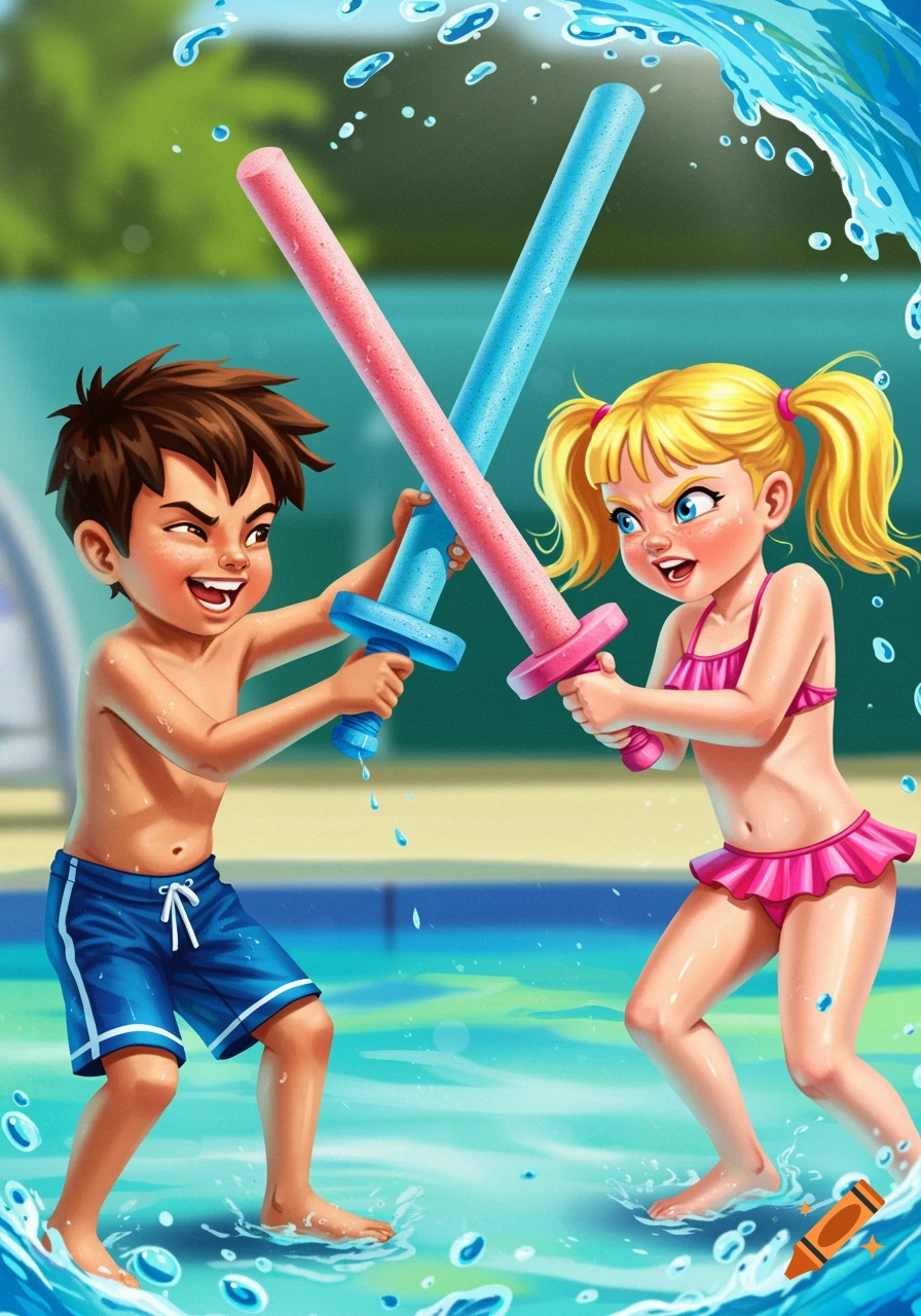 Illustration of a boy and girl playing with pool noodles in a swimming pool