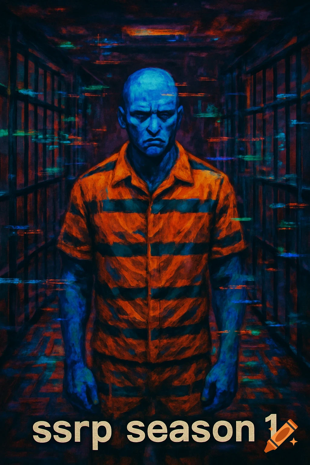 Blue-skinned prisoner in an orange jumpsuit in a glitchy prison cell. Stylized digital art.