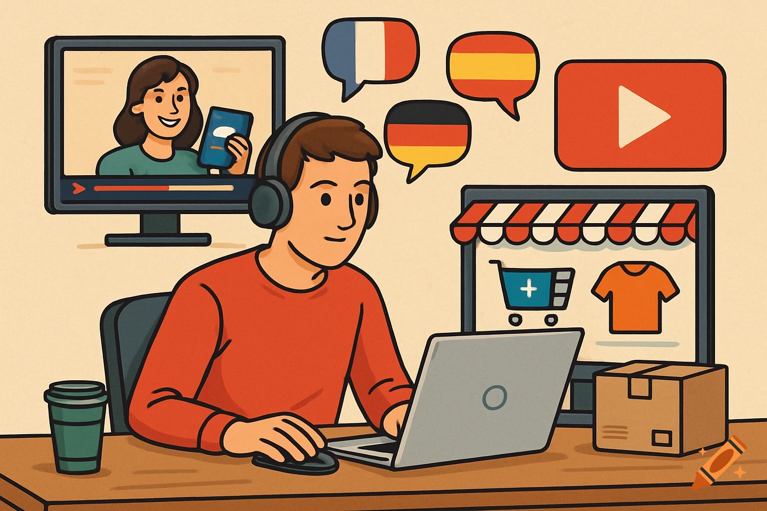 Illustration of a person watching a language video on a computer while online shopping, with language flags and a YouTube logo.