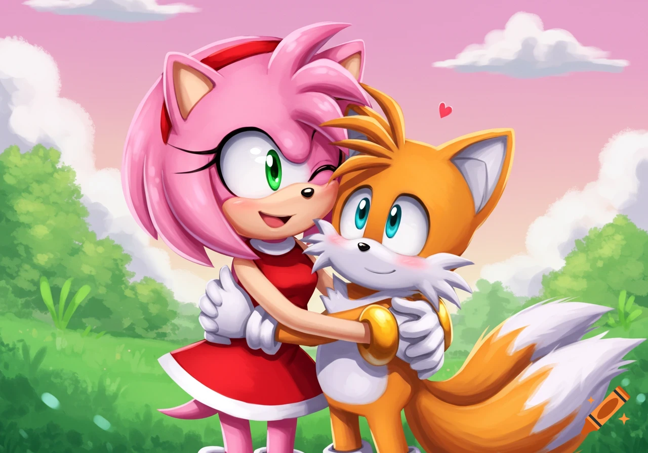 Amy Rose and Tails the fox hugging in a field under a pink sky.