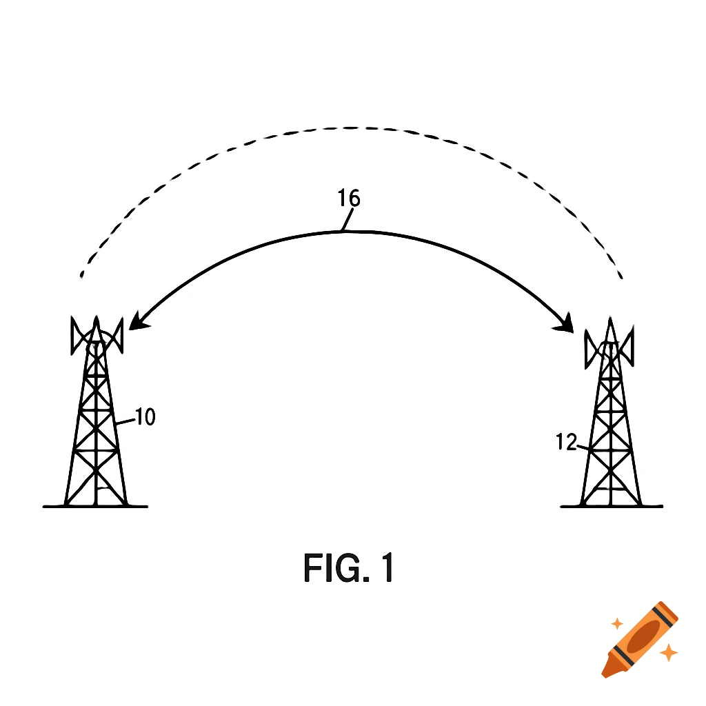 Diagram of two cell towers connected by a signal path arrow, in patent figure style.