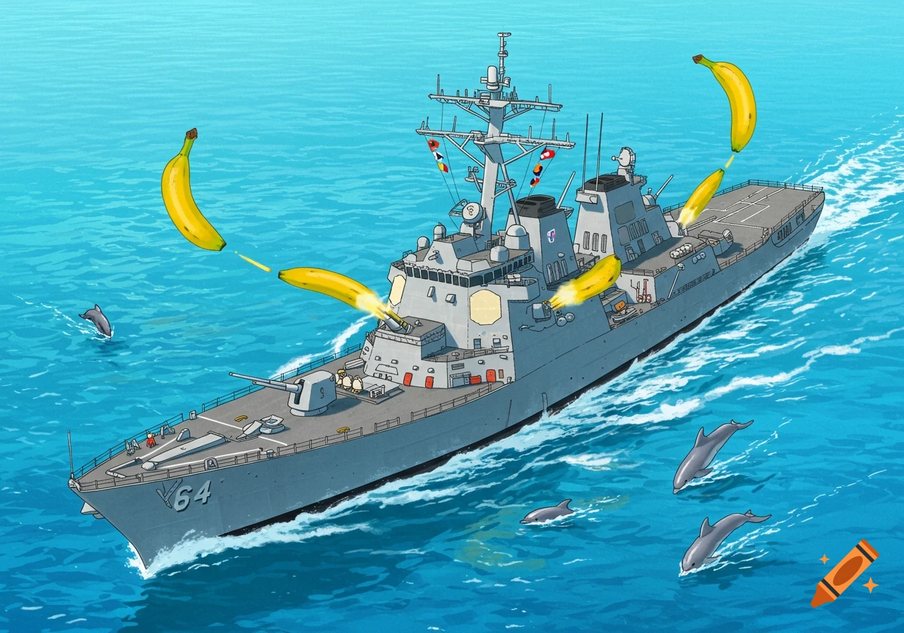 Illustration of a US navy ship shooting bananas from its cannons into the ocean with dolphins swimming nearby.