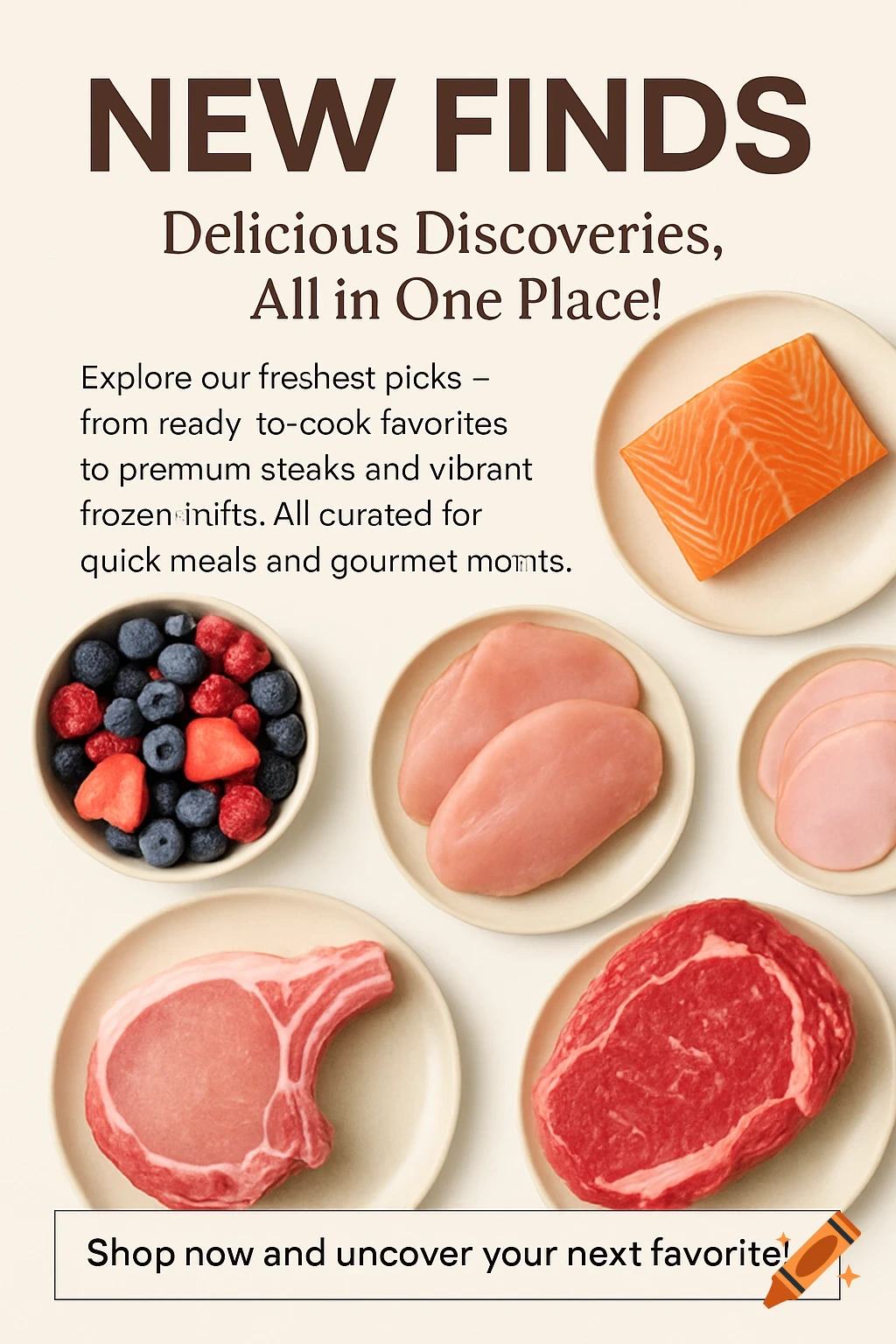 A poster showing raw and cooked meat cuts, fish, cold cuts, and berries on plates with text about new food finds.