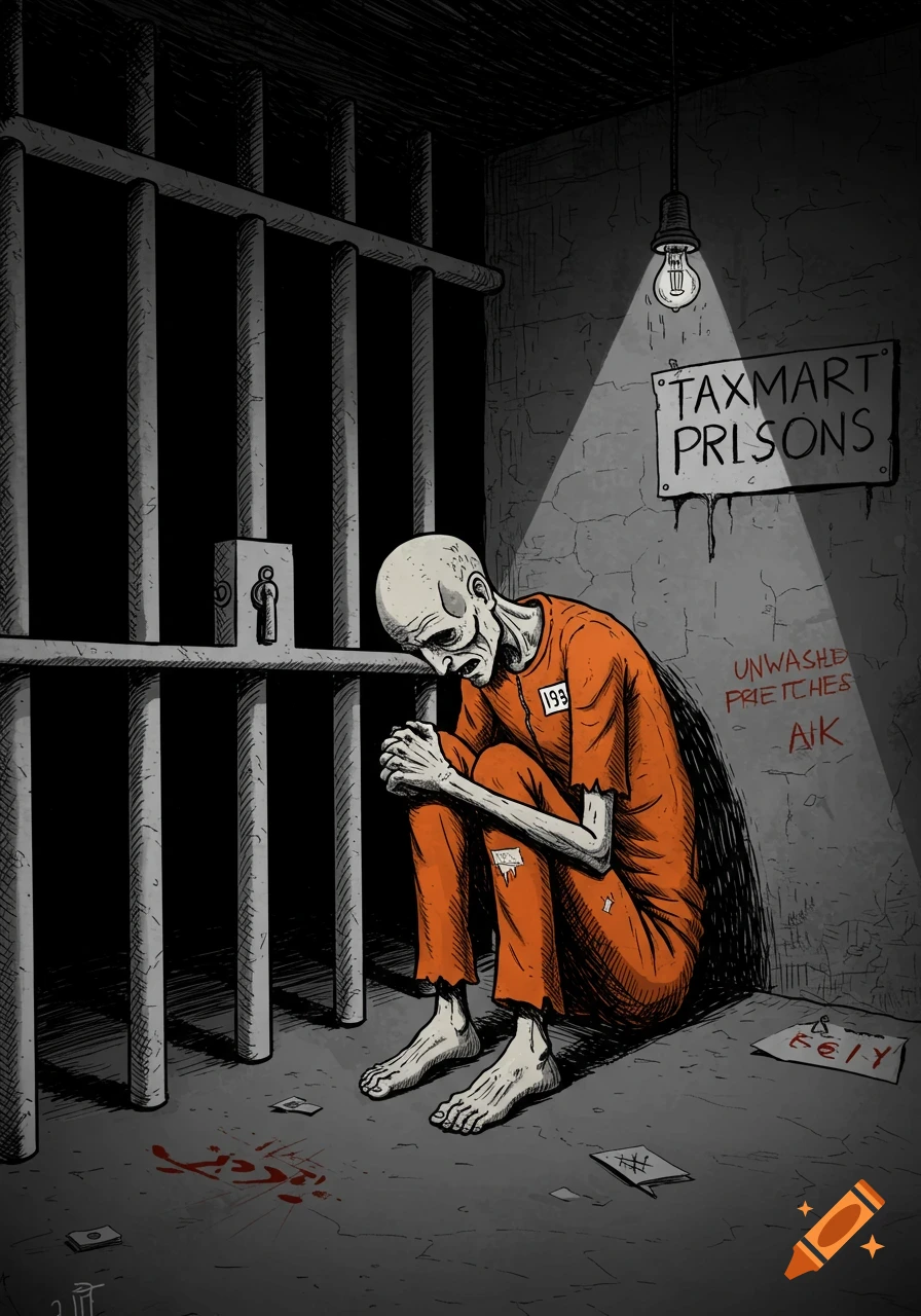 Grungy illustration of a gaunt prisoner in an orange jumpsuit sitting in a dark cell.