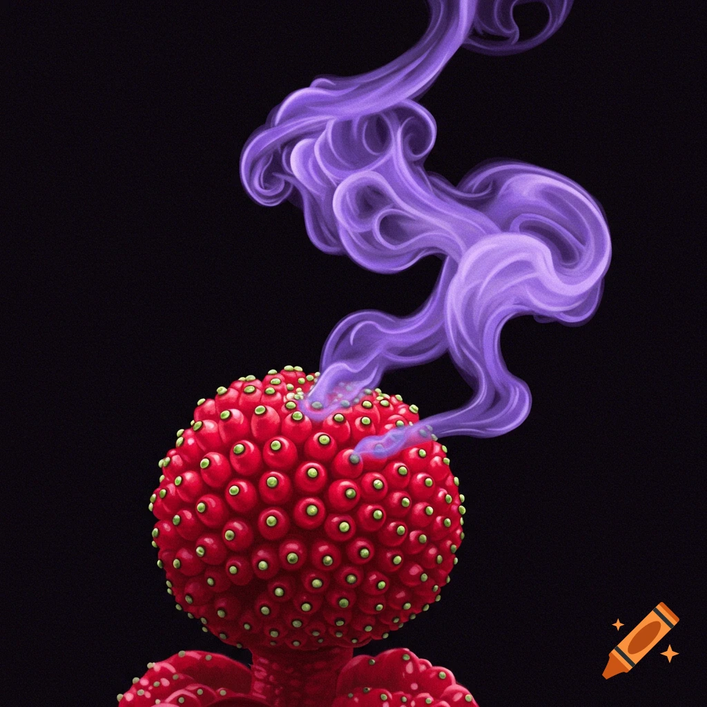 A stylized red plant with green dots emits purple smoke on a black background.