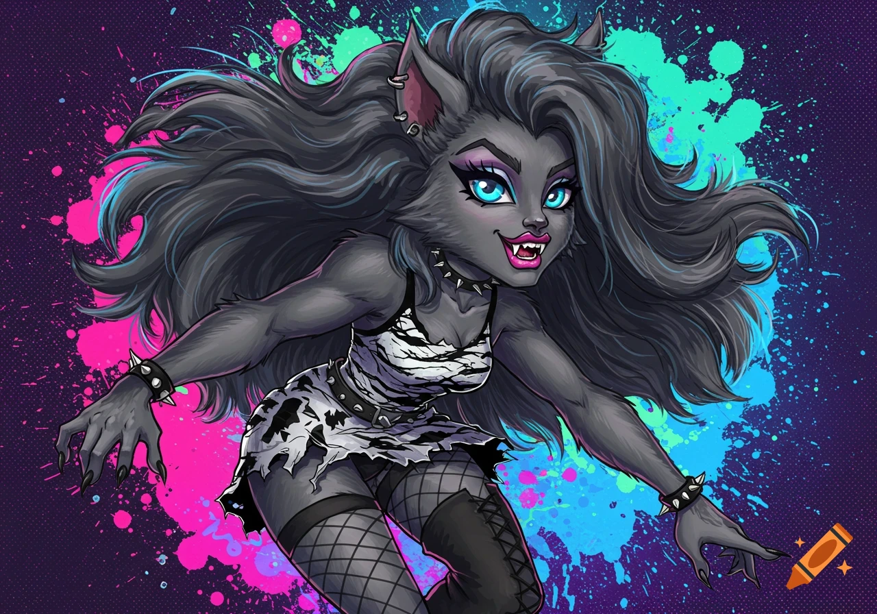 Illustration of a Monster High style werewolf character with dark hair and blue eyes against a vibrant background.