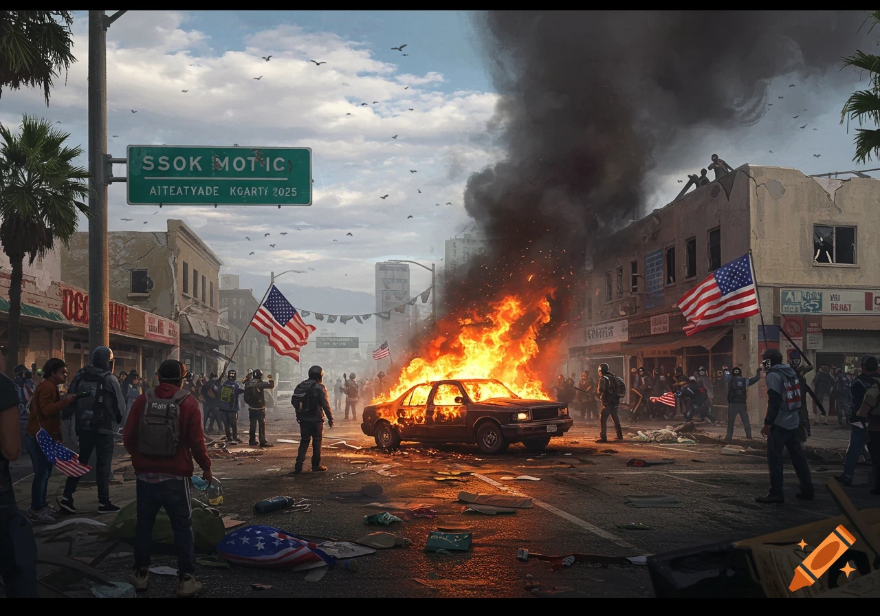 Photorealistic scene of a riot on a city street with a burning car, crowds, and US flags flying.