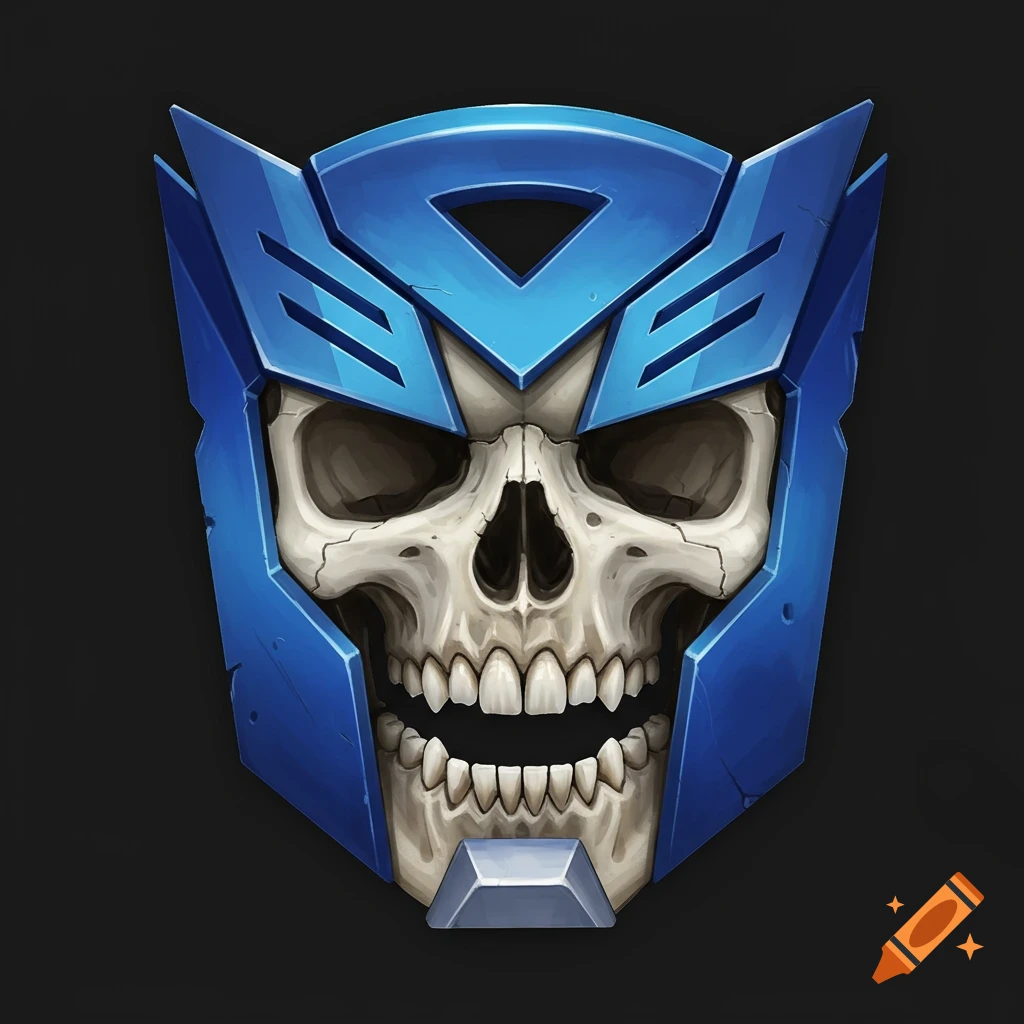 A stylized image of a skull wearing a blue mask based on the Transformers Autobot symbol.