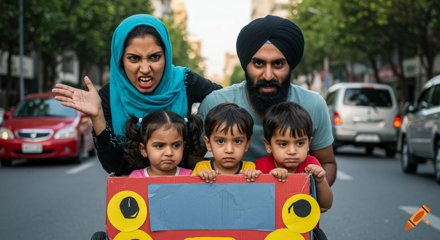 A family looking angry while pretending to drive a cardboard box car on a street.