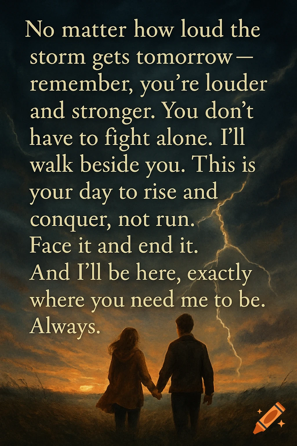 Couple holding hands at sunset with stormy sky and inspirational quote.