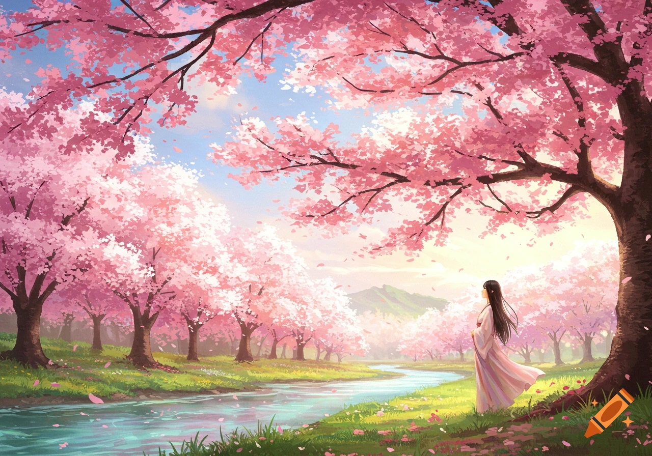 A person stands by a river under blooming cherry blossom trees in a scenic digital painting.