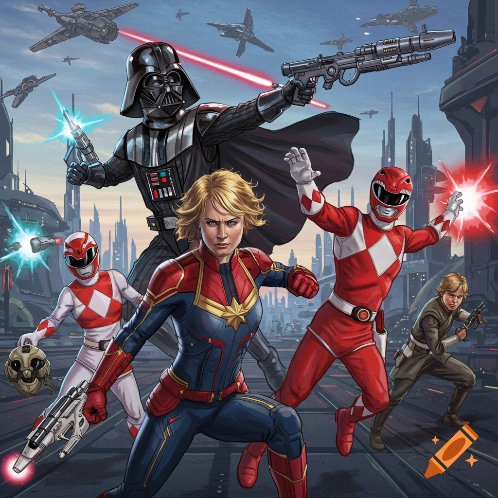 Darth Vader, Captain Marvel, Red Power Rangers, and Luke Skywalker battle in a futuristic city with spaceships, comic art style.