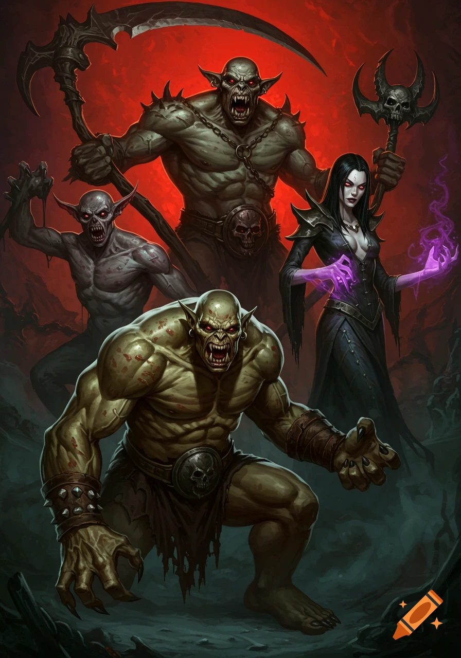Group of fantasy villains including orcs, a goblin, and a sorceress against a red background.