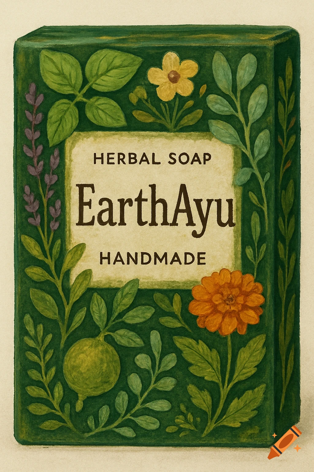 Green soap box with 'EarthAyu Herbal Soap Handmade' text and botanical illustrations in watercolor style