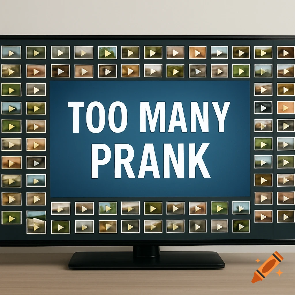 A television screen displays 'TOO MANY PRANK' surrounded by small video thumbnails.