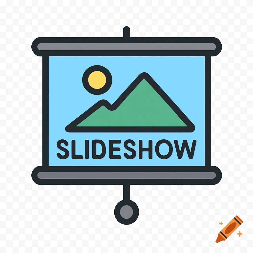 A colored icon of a projector screen showing a landscape and the word SLIDESHOW.