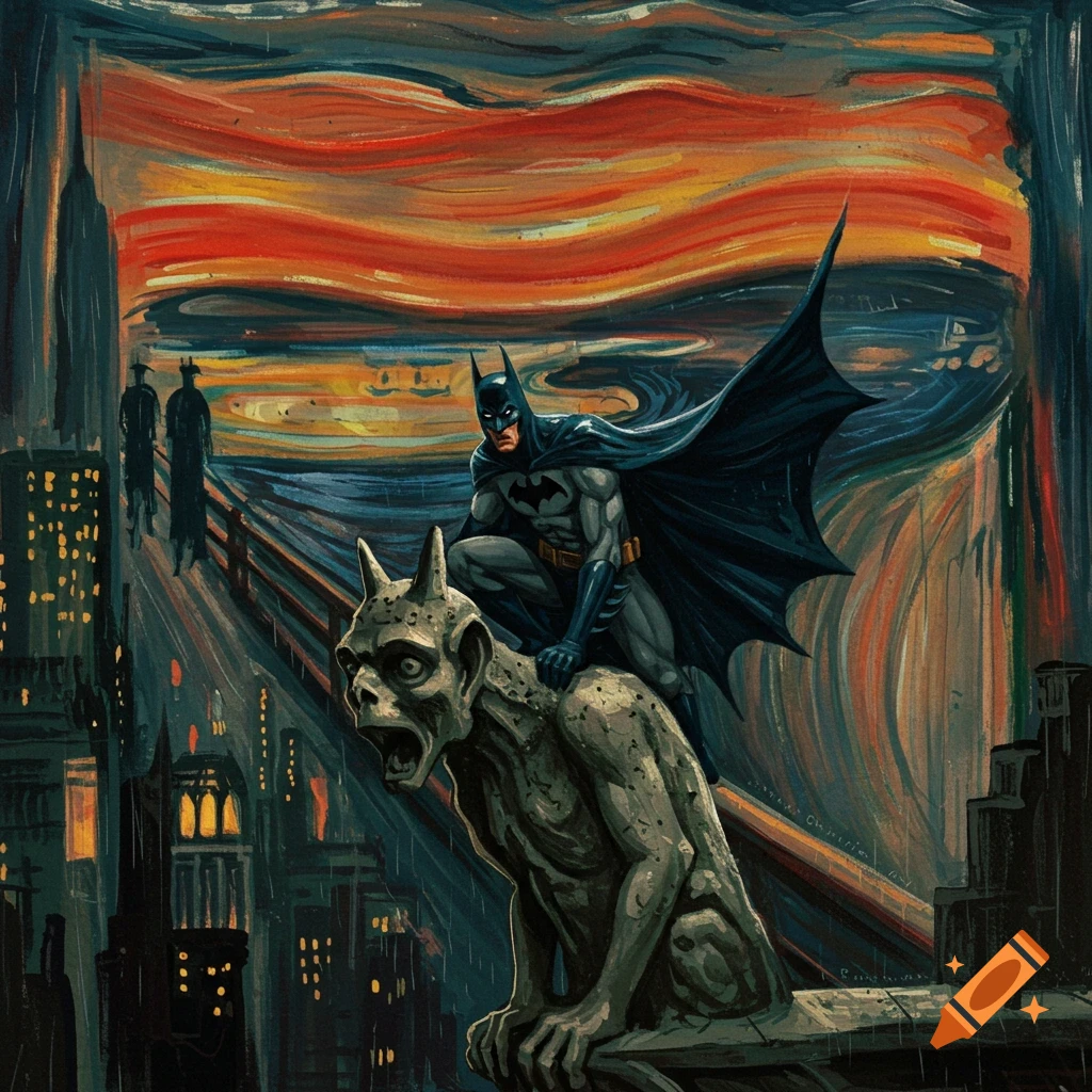 Batman crouches on a gargoyle during a vibrant sunset, in the style of Edvard Munch's The Scream.
