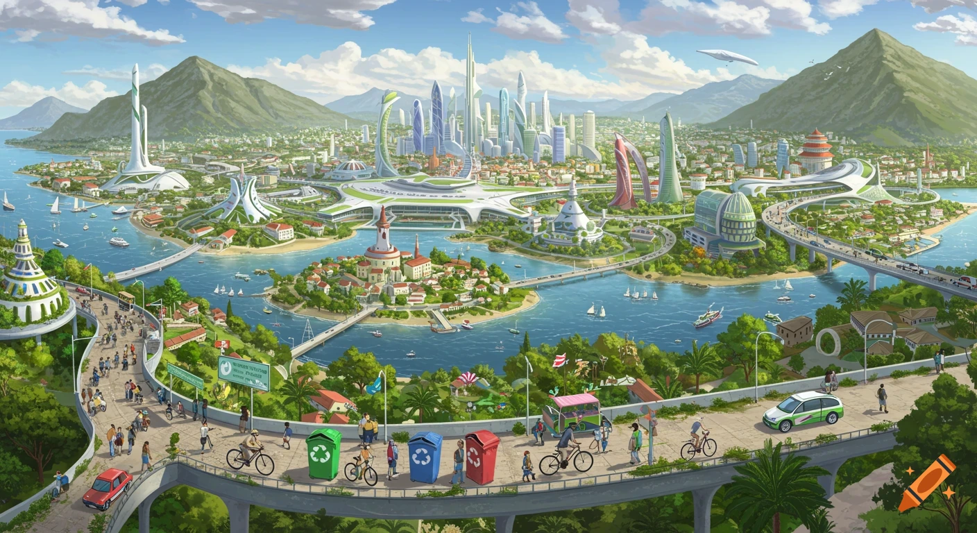 A large futuristic city with green buildings, skyscrapers, waterways, bridges, mountains, and people walking and biking.