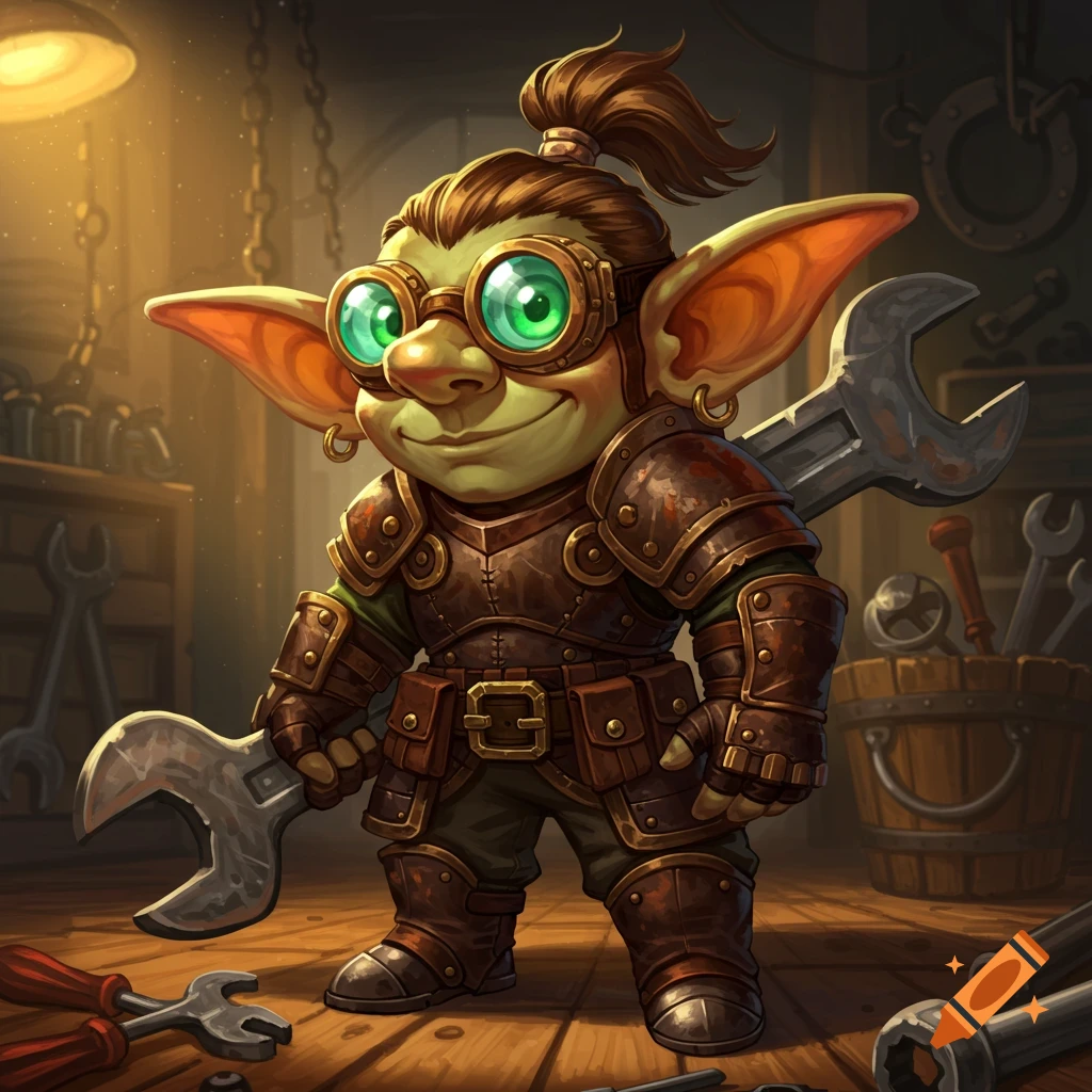 Cute goblin wearing goggles and armor holding a wrench in a workshop.