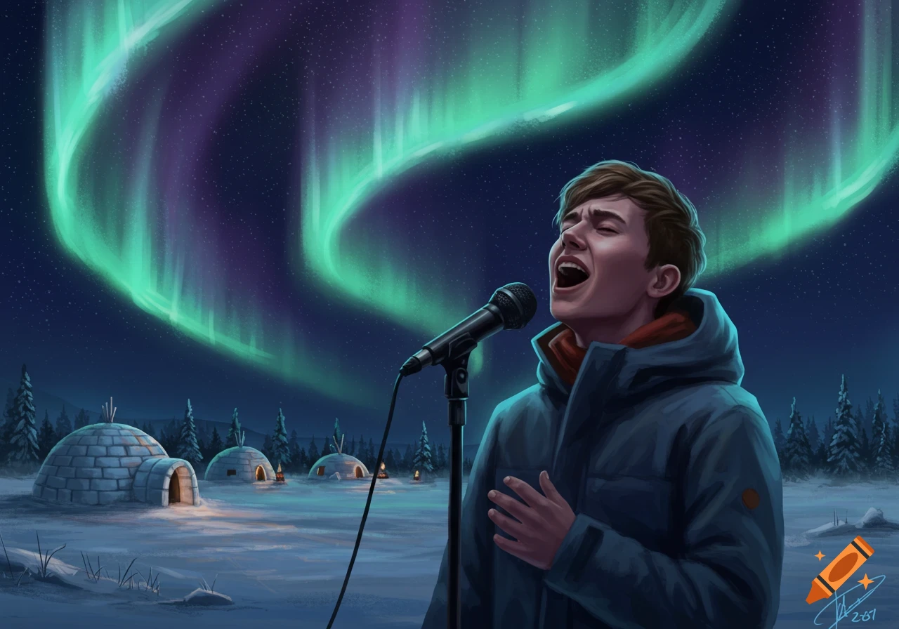 A young man sings into a microphone under a vibrant green aurora borealis, surrounded by igloos in a snowy landscape. Digital painting.