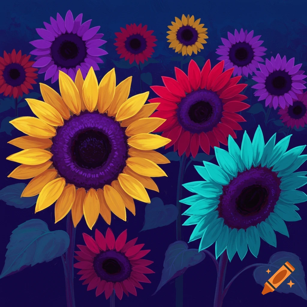 Colorful illustration of purple, yellow, red, and teal sunflowers.