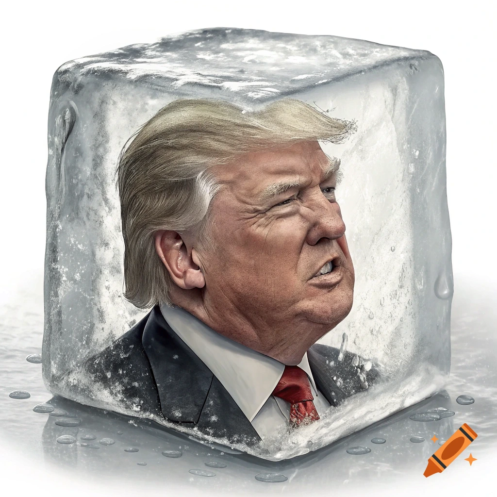 A close-up image of Donald Trump's head and shoulders encased in a melting ice cube.