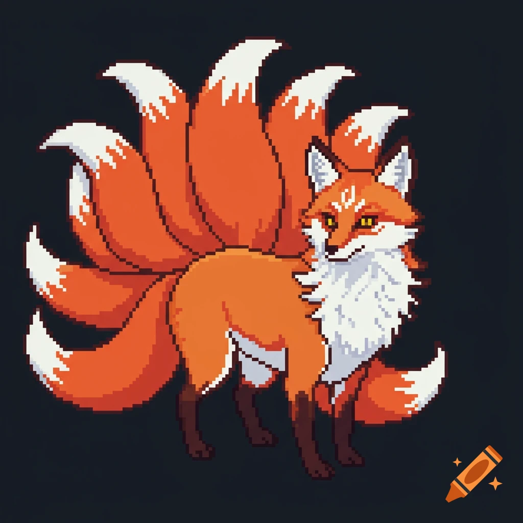 Pixel art illustration of an orange and white nine-tailed fox.