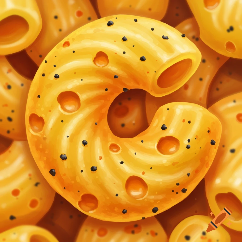 Close-up illustration of a macaroni noodle shaped like a C, textured like pepper jack cheese