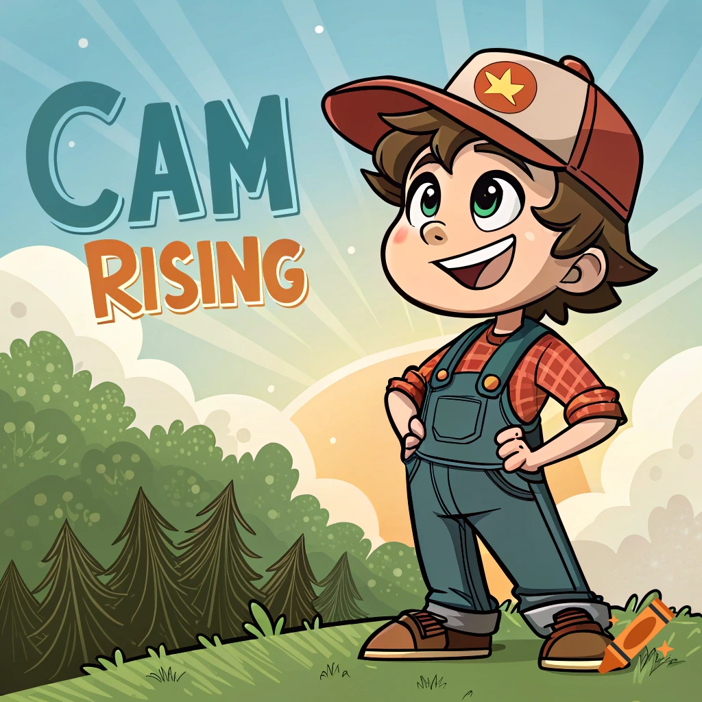 Cartoon boy in overalls and baseball cap stands on a hill. Text reads CAM RISING.