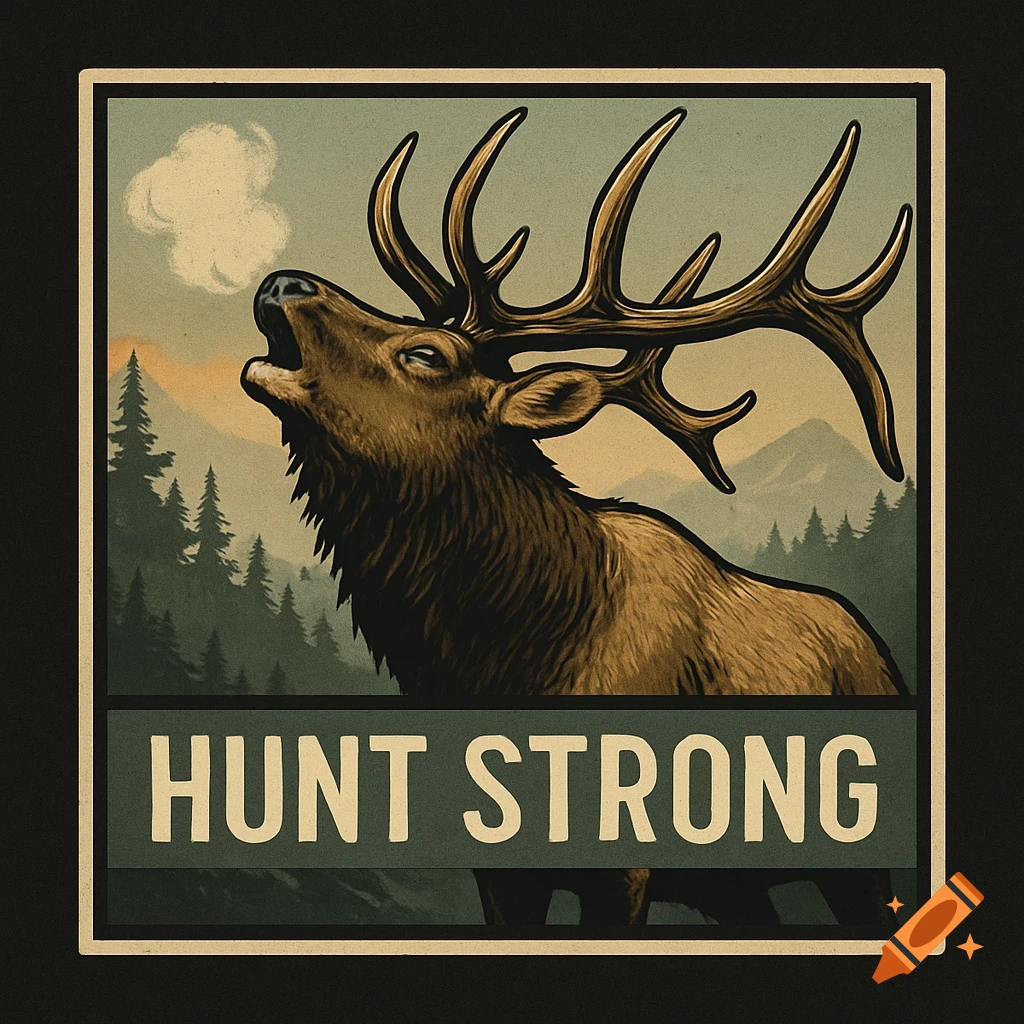 A stylized illustration of a bugling elk with mountains and trees in the background, and the text "HUNT STRONG" in a banner.