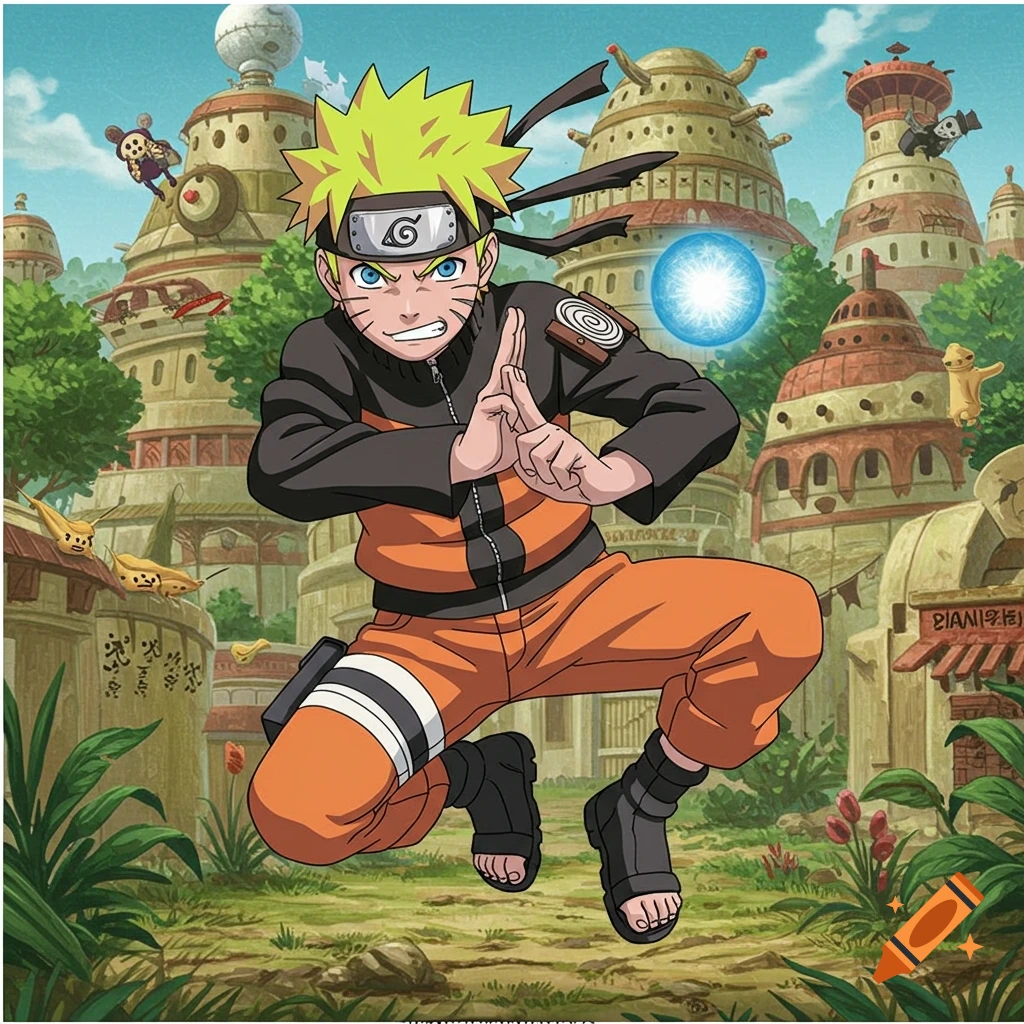Naruto character performing hand sign with Rasengan in ninja village