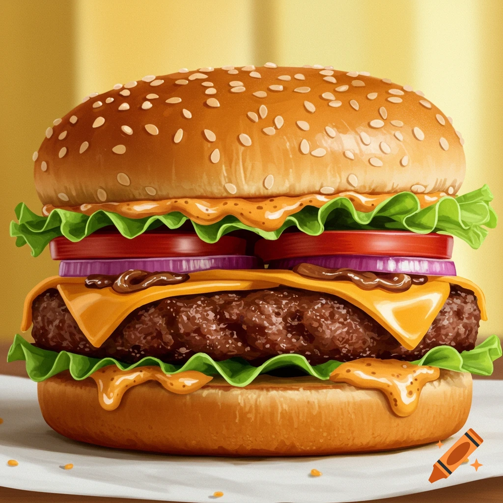 A close-up, detailed illustration of a juicy cheeseburger with lettuce, tomato, onion, and sauce.